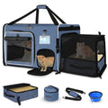 Petskd Side Expandable Extra Large Cat Car Carrier with Collapsible Litter Box for Long Distance Travel,24"x17"x17" Portable Soft Sided Pet Carrier with Roller Shades for 2 Cats Up to 55LBS(Blue)
