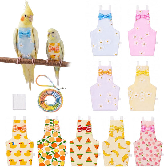 9 Pcs Reusable Bird Diaper, Cute Parrot Flight Suit with Leash & Diaper Pads, Washable Bird Nappy Clothes with Adjustabl