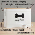Dog Food Container Airtight 15-20 lb (70 Cup) Capacity with Metal Scoop - Cute Airtight Dog Food Storage Container with Bamboo Lid - White Metal Kibble Storage Bin for Dogs up to 100 lbs - Big Pet Jar