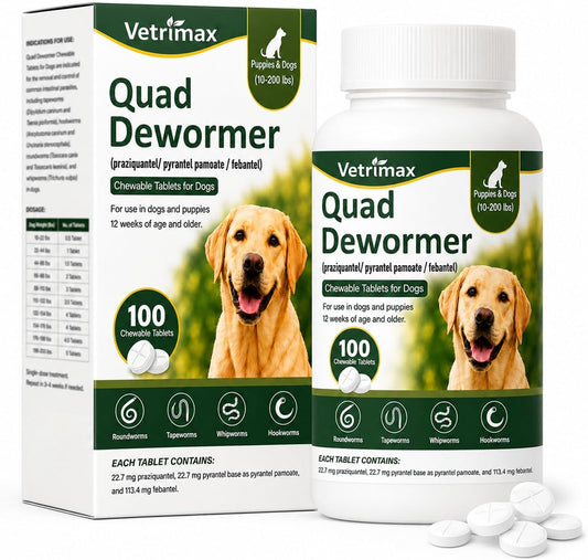 Quad Dewormer for Dogs, 4-Way Wormer for Whipworm, Tapeworm, Hookworms & Roundworm, 100 Count