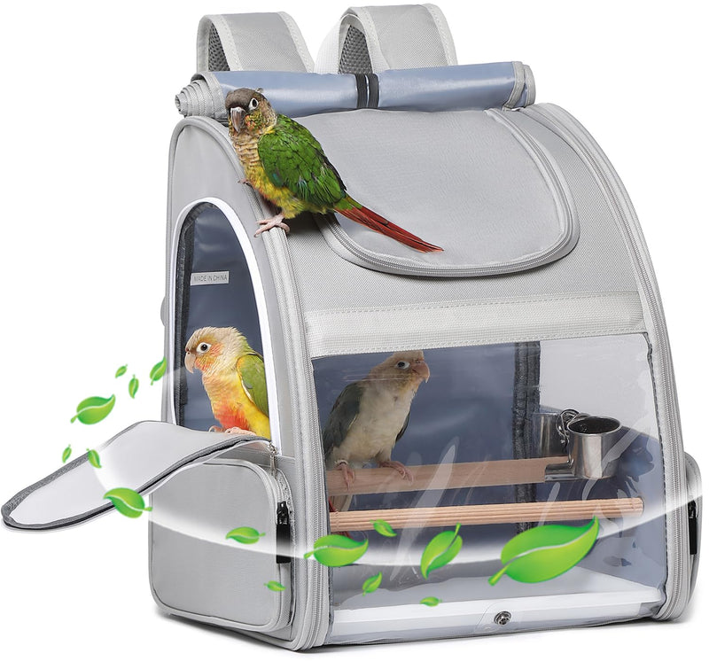 Bird Carrier,Travel Bird Cage,Bird Backpack for Small Birds Parakeet,Canary,Parrot, Finches,Cockatiel.Portable Outdoor Bird Bag with 2 Wooden Perch, Double-Clamp Cup, Detachable Poop Tray (Gray)