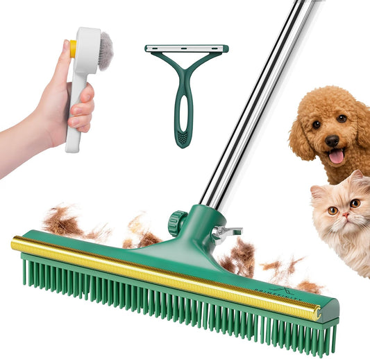 Carpet Rake for Pet Hair Removal Tool with Copper Teeths, 60” Long Handle – 3 in 1 Heavy-Duty Pet Hair Remover Kit for D