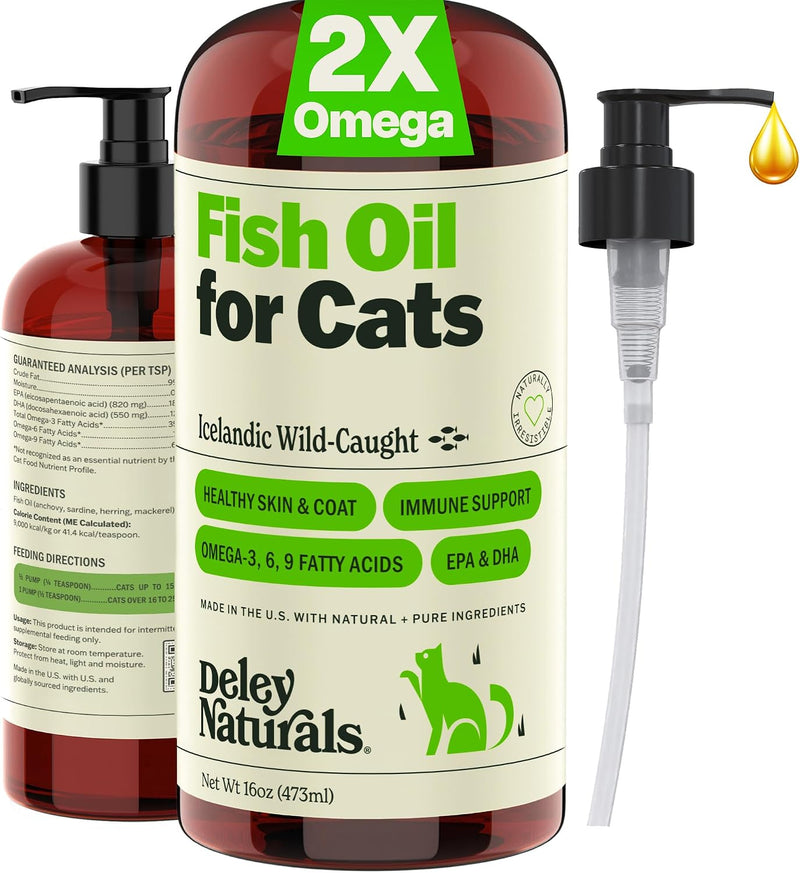 Deley Naturals Wild Caught Fish Oil for Cats with 2X Omega - Cat Fish Oil with Highest EPA & DHA Potency - Omega 3 for Cats for Shedding, Skin, Coat, Joints, Heart and Immune System - Made in the USA