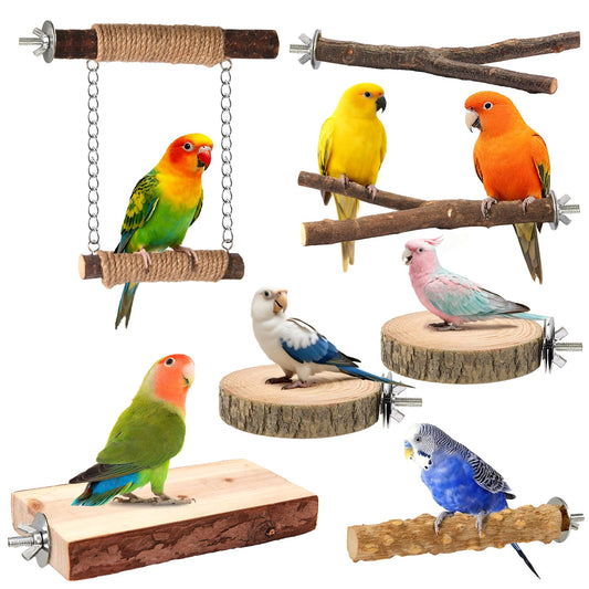 7-Piece Bird Perches for Cage- Wooden Parrot Stand with Fork Toys, Hanging Multi-Branch Platform, Hammock Swing, Gym Playstand & Chewing Toys - for Parakeets, Budgies, Lovebirds - Durable