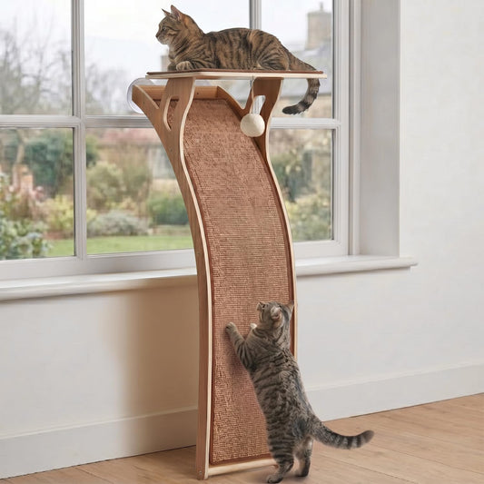 JKXJKX 47" Floor Standing Cat Window Perch with Curved Scratching Ramp, 80 Lbs Heavy Duty Window Bed Seat with Suction C