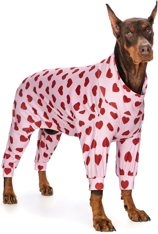 Dog Pajamas for Large Dogs, Soft Stretchy Lightweight Dog Onesie with Red Heart Print, Full Body Dog PJs for Anti-Sheddi