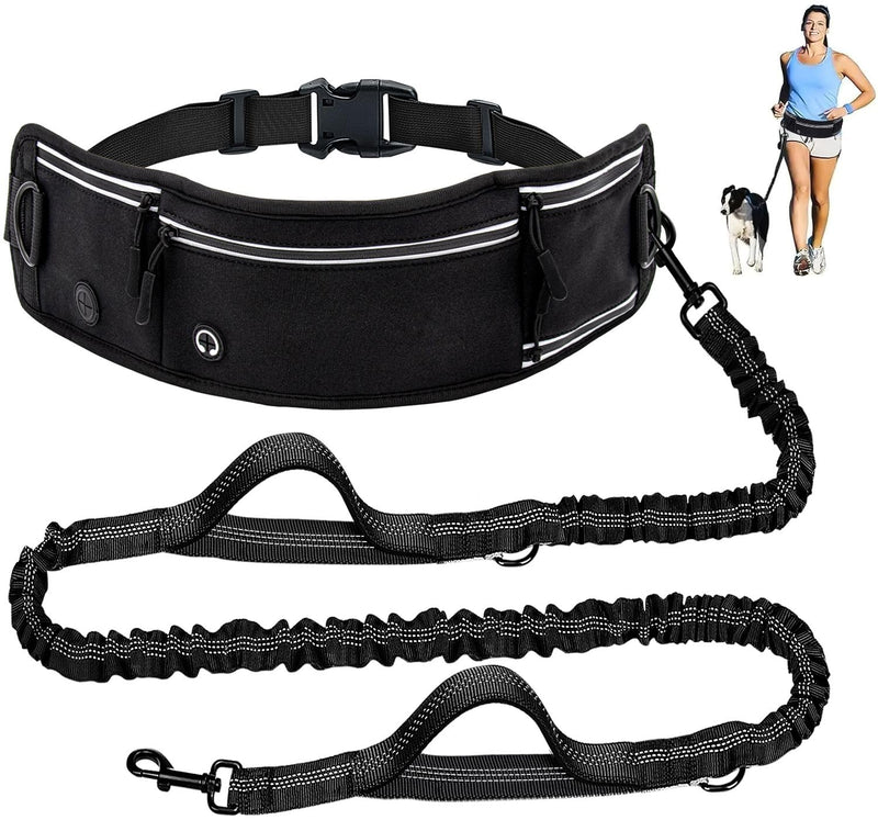 Skmeditec Hands Free Dog Leash with Waist Bag for Large Dog Walking, Shock Absorbing Bungee Leash with Zipper Pouch for Running, Dual Padded Handles & Adjustable Waist Belt