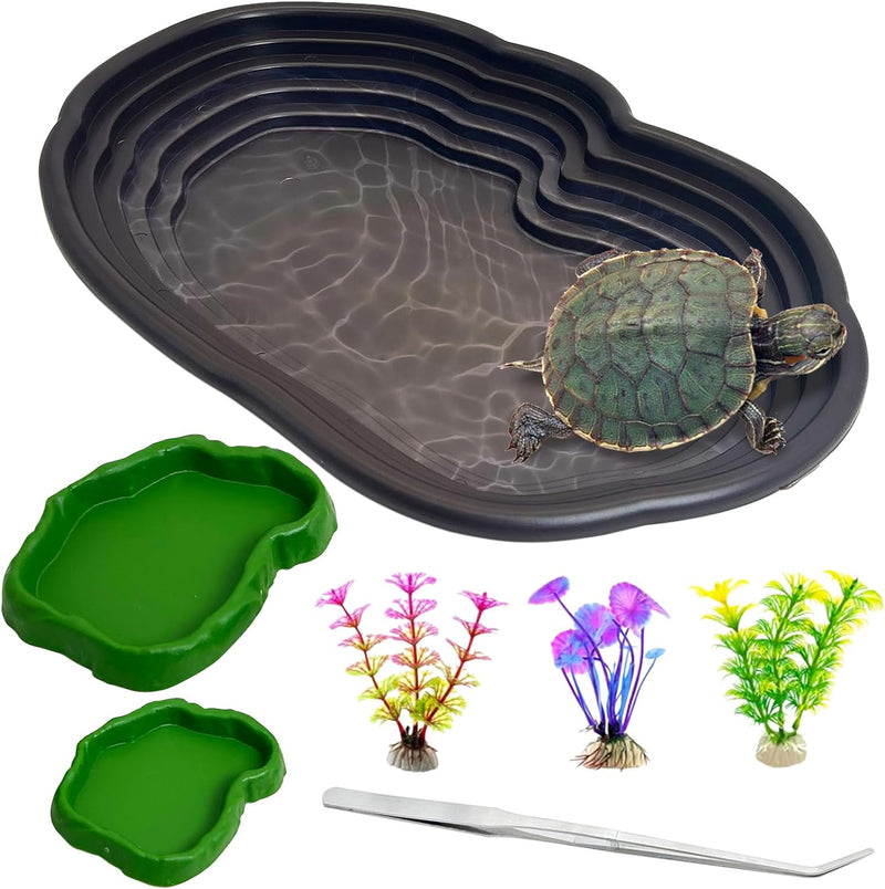 Reptile Water Dish with Ramp Turtle Bathing Pool 7 Pcs Feeding Bowl