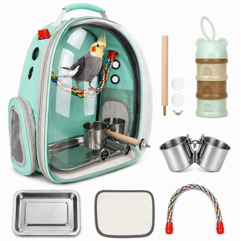 Rypet Bird Carrier Backpack Parrot Portable Breathable Bag Pet Bird Lightweight Travel Cage with Standing Perch and Stainless Steel Tray（Mint Green）