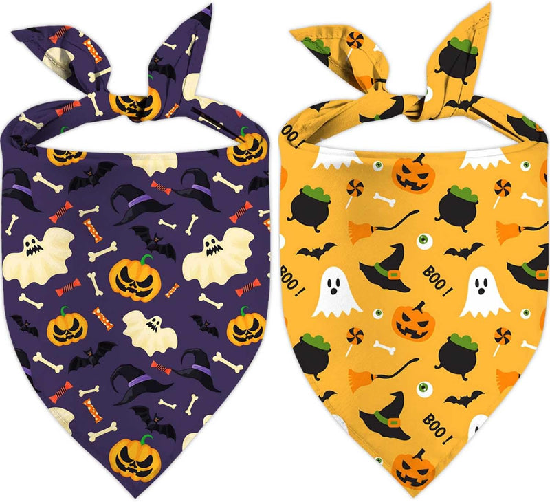Halloween Dog Bandanas 2 Pack Pumpkin Ghost Bat Bone Candy Triangle Scarf