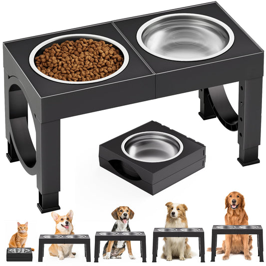 XIAZ Elevated Dog Bowls Large Breed Raised Dogs Bowl Stand Large/Medium Sized Dog Stainless Steel Food Water Bowl Stands 5 Heights Adjustable 9/11/12/14in Black Pet Feeder Dish Station