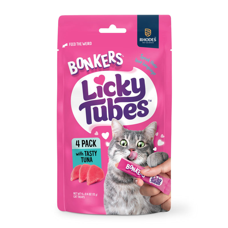 Bonkers Licky Tubes, Wet Lickable Tube Tasty Tuna Flavor Cat Treats, Real Meat, Training or Food Topper, for All Breeds and Ages (4 Pieces) - Product Package May Vary