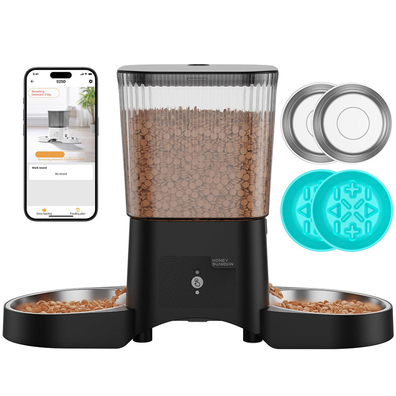 HoneyGuaridan Automatic Cat Feeder for 2 Cats,3.5L Dual Cat Food Dispenser, 2.4G/5G WiFi APP Control for Multiple Cats,2 Stainless Steel Bowls & 2 Slow Feeder Anti-Choking Bowls, Dual Power