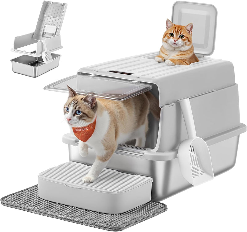 Feandrea Stainless Steel Cat Litter Box with Flip Lid, 2 Doors, Scoop