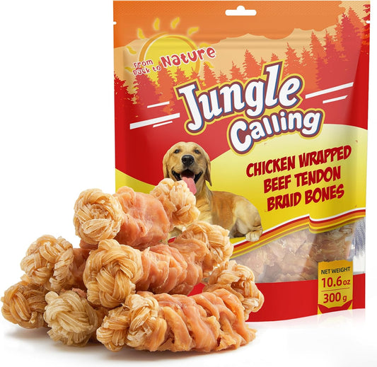 Jungle Calling Long Lasting Dog Chews for Medium Large Dogs, Chicken Wrapped Beef Tendon Braid Bones - Rawhide-Free Hip and Joint Support Treats with Glucosamine
