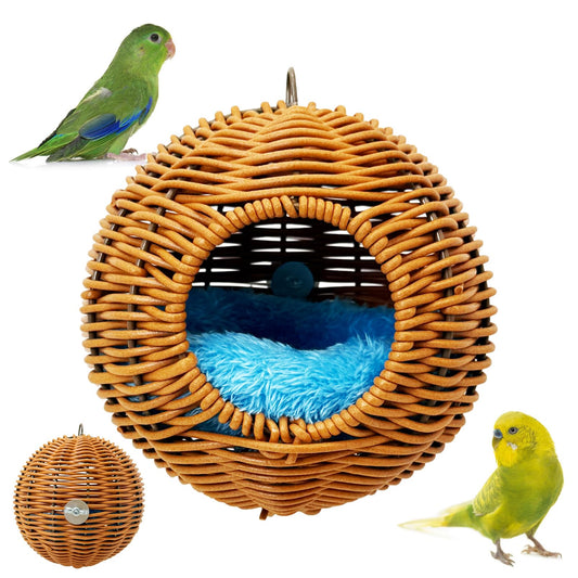 BNOSDM Rattan Bird Nest Parrot Nesting House Parakeet Nesting Soft Lovebird Warm Bed Sleeping for Parrots Bird Cage Accessories for Cockatiels Budgerigars Finches Canaries (Single-Hole Style)