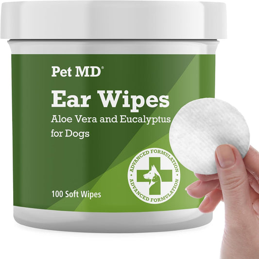 Pet MD Dog Ear Cleaning Wipes – Otic Cleanser for Dogs, Soothing Ear Care with Aloe Vera & Eucalyptus, Regular Wipes, 100 Count