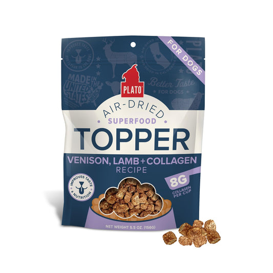 Plato Pet Treats Dog Food Toppers - Air-Dried Dog Food Toppers for Dry Food - with Collagen to Support Skin and Coat Health - Venison, Lamb and Collagen Recipe 5.5oz