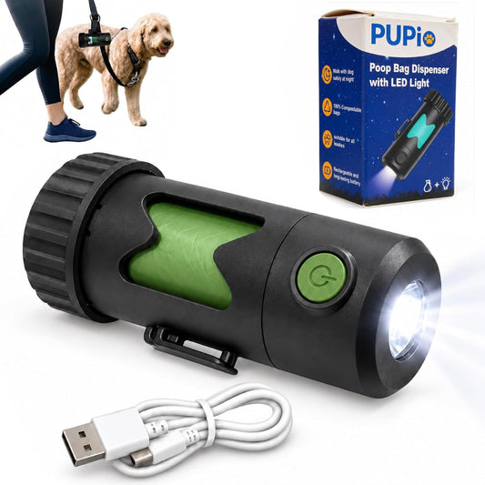Smart Rechargeable Doggy Bag Holder With Flashlight, Includes 15 Biodegradable Bags, USB-C Charging Cable, Leash Straps, Dog Waste Bag Holder