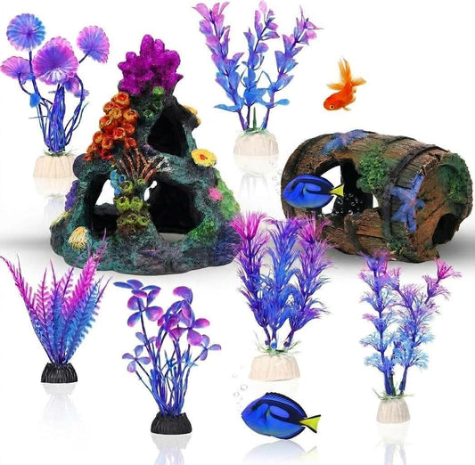 8 Pieces Betta Fish Tank Decor Accessories, Colorful Coral Reef Aquarium Decor Set with Coral Mountain, Starfish Bucket 