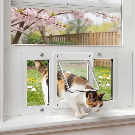 Full-Size Window Pet Door for Cats & Small Dogs, Fits 28"-32" Width Windows, No Damage Cat Door for Window, Lockable Window Mount Cat Door, Weatherproof Cat Door Window Insert Horizontal
