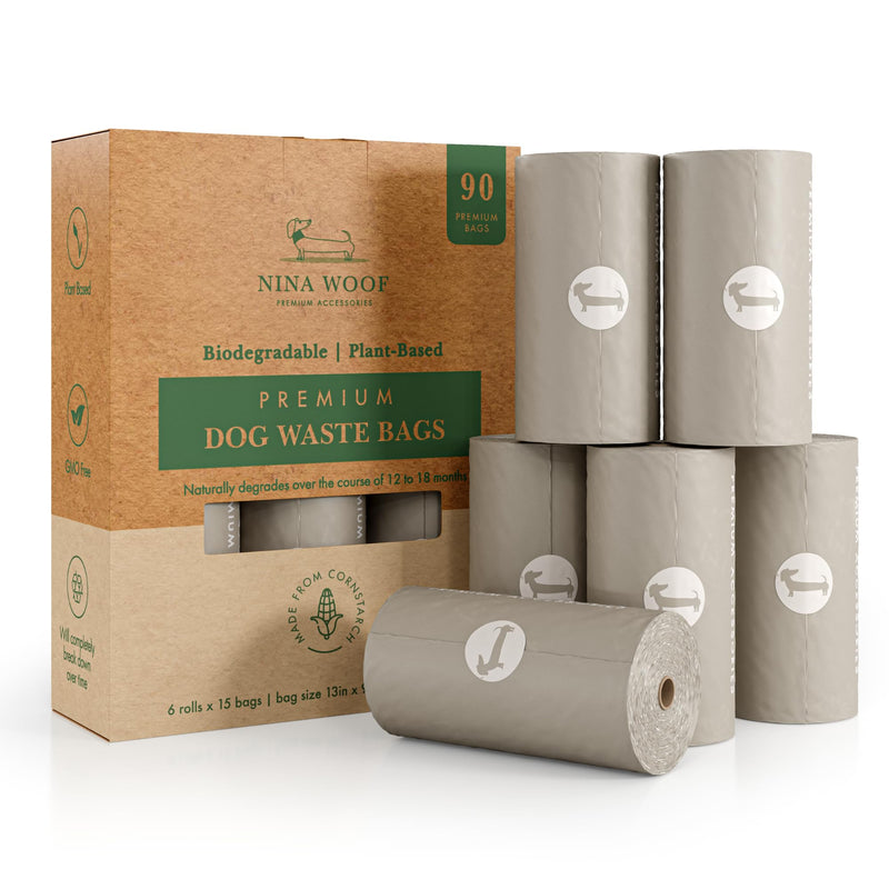 NINA WOOF Dog Poop Bags Rolls - 90 Compostable & Biodegradable for Puppy Walks, Travel, Thick Refill Housebreaking dog poo bags Premium Cornstarch Pet Poo Bags Dogs