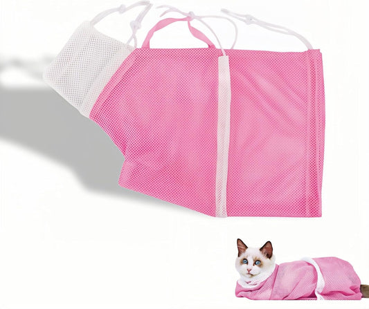 Cat Grooming Restraint Bag with Adjustable Drawstrings, Pink Mesh Bath Bag for Bathing, Nail Trimming, Ear Cleaning, Bre