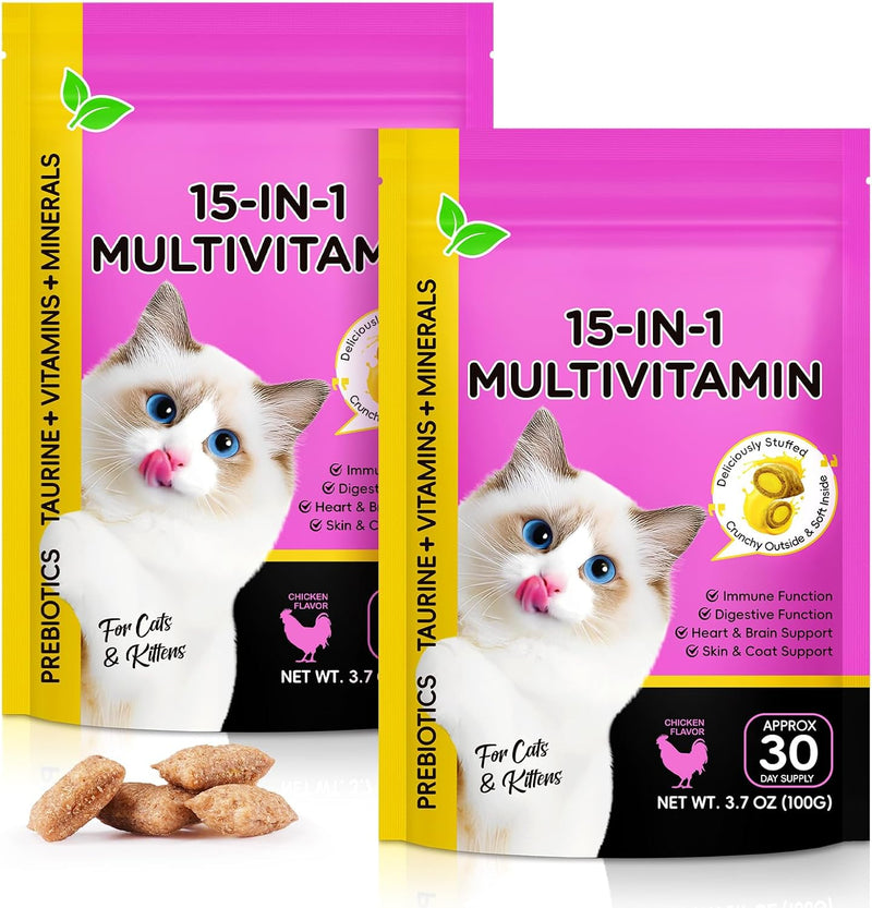 Cat Vitamins Chews, 15 in 1 Cat Multivitamin Treats for Health, Immune, Joint Support, Skin & Coat, & Digestion, Vitamin