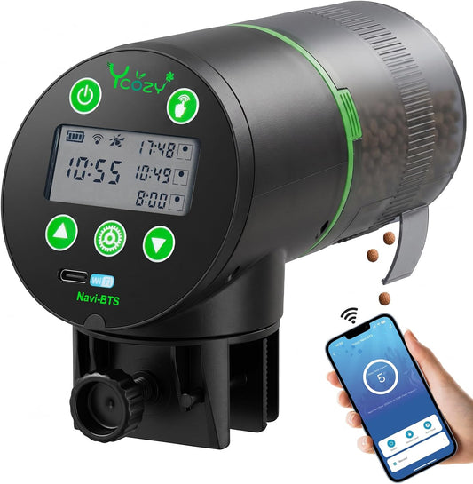 Ycozy WiFi Automatic Fish Feeder for Aquarium with Remote APP Control, Plug Powered, with Plug & USB-C Cable Vacation Au