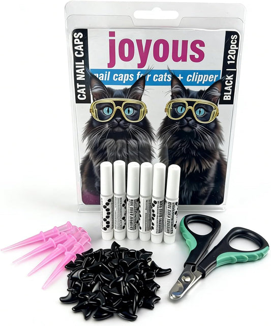 joyous 120pcs Black Kitten Cat Nail Caps Original Factory Set with Cat Nail Clipper-Soft Paws Cat Claw Covers for Indoor