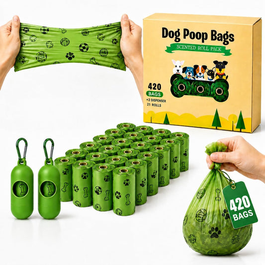 Thick Dog Poop Bags Rolls - Strong Leak Proof with 2 Dispensers 420 Count