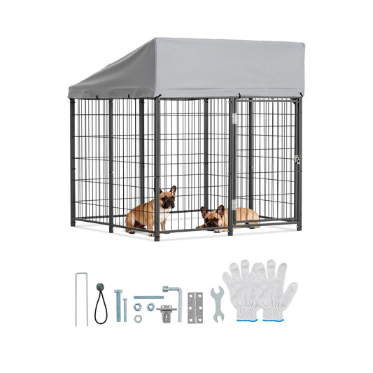 VEVOR Outdoor Dog Kennel, 3.67 x 3.78 x 4.1 ft Large Dog Kennel with Secure Lock, Outside Dogs Enclosures with UV-Resistant & Waterproof Roof Cover, Heavy Duty Pet Crate Cage Run for Large Dogs