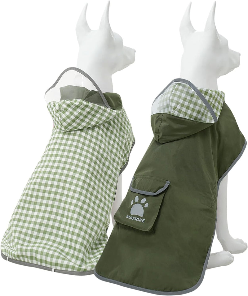 MAMORE Dog Raincoat Reversible,Waterproof Dog Rain Coat Hooded Slicker Poncho with Reflective Strip, Plaid Double Layer 