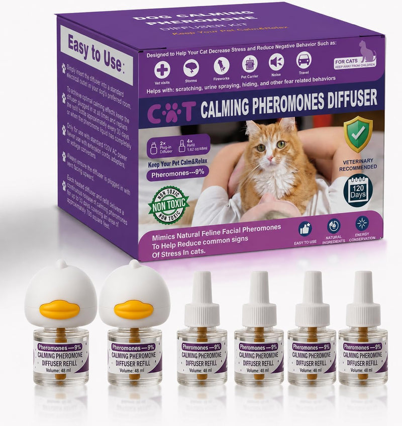 Cat Pheromones Calming Diffuser, Cat Calming Plug In Pheromone Diffuser Starter Kit with 2 Diffusers + 4 Refills - Relieve Anxiety, 120 Days Starter Kit Long-Lasting Stress Relief for Cats (Purple)