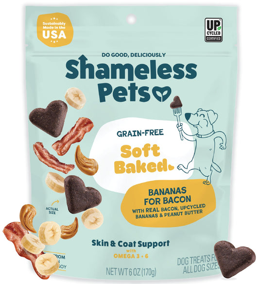 Shameless Pets Soft-Baked Dog Treats, Bananas for Bacon | Healthy Treats for Small, Medium & Large Dogs | Skin & Coat Support with Omega-3 & Omega-6 | Grain-Free, Made in USA | 6 oz