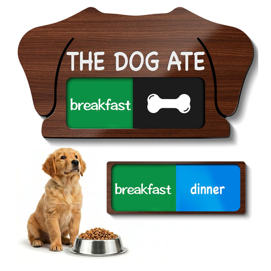 Dog Feeding Reminder Sign, Magnetic Pet Fed Schedule Chart with Slider, Breakfast & Dinner Tracker for Fridge, Prevent Overfeeding, Unique Dog Ear Shape Acrylic Sign, 5.5" x 3", Walnut