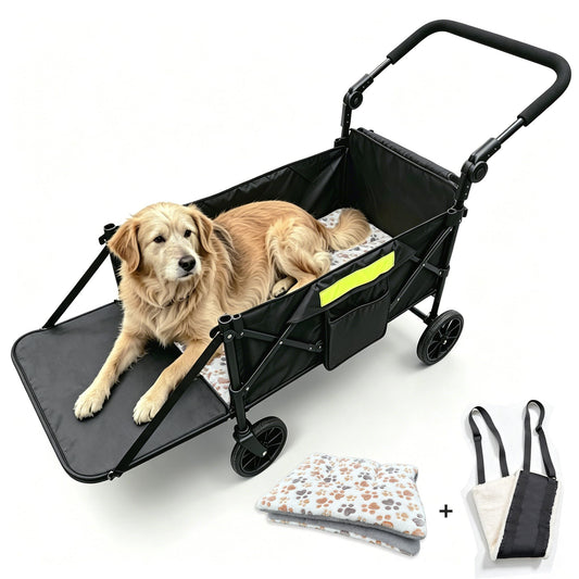 AMLMPET Dog Wagons for Large Senior Dogs, Foldable Elderly Dog Stroller with Thick Mat & Lift Harness, Heavy Duty Dog Cart Upto 140lbs
