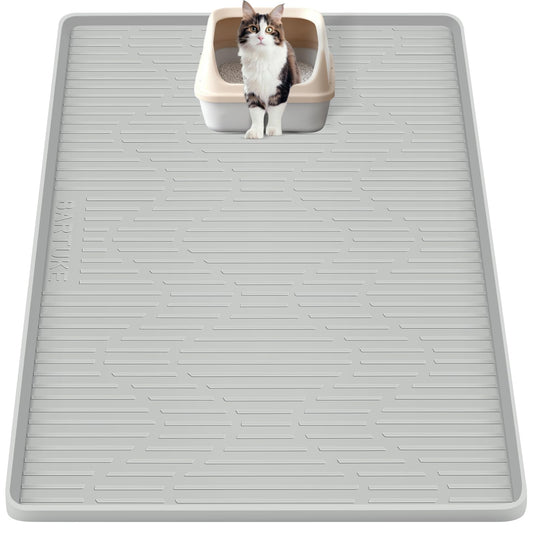 Bartuke Silicone Cat Litter Mat, 46" x 32" Extra Large Cat Litter Box Mat Litter Trapping Mat for Scatter Control, Waterproof, Soft on Kitty Paws, Clean Floor (Grey)