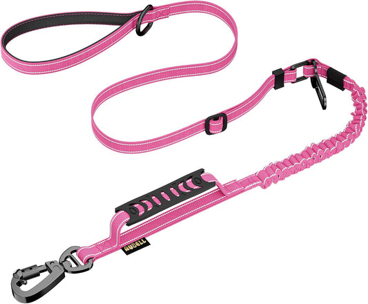 AUBELL Tactical Dog Leash Heavy Duty,4-6ft Reflective Strong No Pull Bungee Leash for Medium Large Dogs with Comfortable Padded Double Handle,Car Seat Belt,360 Degree Rotating Carabiner,Pink