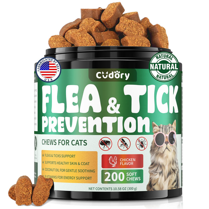 Flea and Tick Chews for Cats - 200 Soft Chews Natural Flea Tick Support for Cat All Breeds & Ages - Nourishes Skin & Coat Health - Energy Support - Chicken Flavor Soft Chew