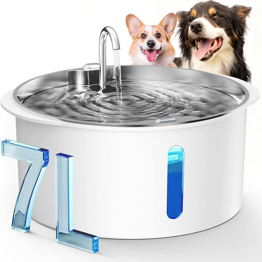 Pektaco Dog Water Fountain for Large Dogs, 1.8Gal/7L Pet Water Fountain, Dog Water Bowl Dispenser with Viewing Window & LED, Super Quiet, Stainless Steel Tray Easy Clean BPA-Free(with 1 Filters)