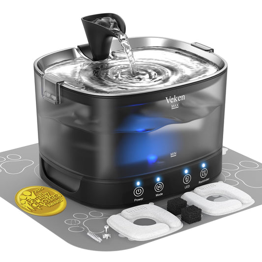 Veken Cordless Cat Water Fountain with Stainless Steel Tray & Secure Clips, 5200 mAh Battery Operated Pet Drinking Dispenser with LED Light, 85oz/2.5L Wireless Fountain for Cats, Dogs and Small Pets