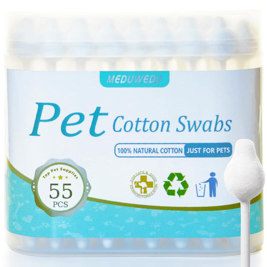 MEDUWEDU Pet Cotton Swabs, 55 Count｜Gourd-Shaped Tips｜Soft Cotton & Paper Stick｜Dog & Cat Ear Cleaner Swabs｜Safe Grooming Tool for Pets