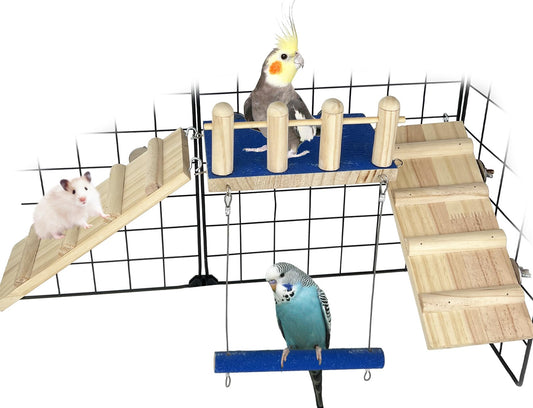 FlidRunest Bird Toy, Parrot Perch Platform with Swing and Ladder, Bird Perch Paw Grinding Rough-surfaced, Wooden Climbing Exercise Stands for Parakeet, Parrot, Lovebird, Cockatiel, Hamster
