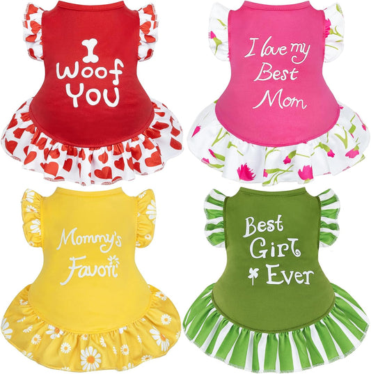 XPUDAC 4 Pack Dog Dress Girl Clothes for Small Dogs Girl Flower Dresses for Dogs Apparel Colorful Small Dog Clothes Female (S, 4 Flower)