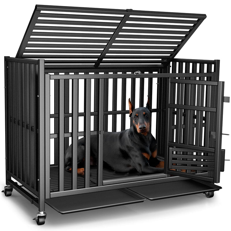 Heavy Duty Dog Crate, Escape-Proof Indestructible Cage for High-Anxiety Dogs, 3-Door Kennel with 4 Lockable Wheels and 2 Removable Trays Ideal for Large & Medium Breeds (43 Inch)