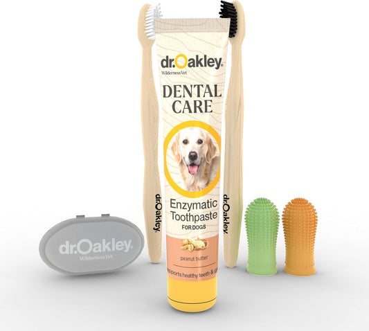 Dr. Oakley Dental Toothbrush Kit for Dogs & Cats -Finger Brush for Small Pets and Soft brushes for Large or Older Natural and Safe Peanut Butter Flavor -