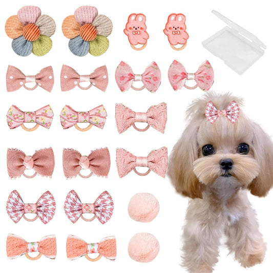 FGISAR 20 Pcs Small Dog Hair Bows with Rubber Bands Handmade Puppy Hair Bows Cute Grooming Flower Ball Bowknot Top Knot Dog Hair Accessories Hair Ties for Yorkie Maltese Pet (Pink)