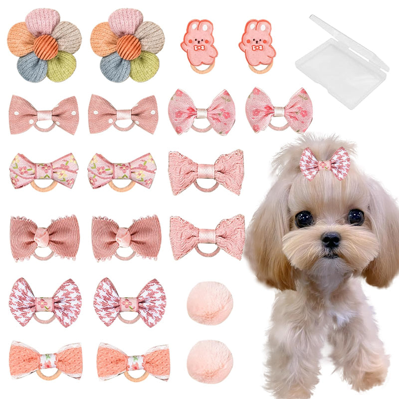 FGISAR 20 Pcs Small Dog Hair Bows with Rubber Bands Handmade Puppy Hair Bows Cute Grooming Flower Ball Bowknot Top Knot Dog Hair Accessories Hair Ties for Yorkie Maltese Pet (Pink)