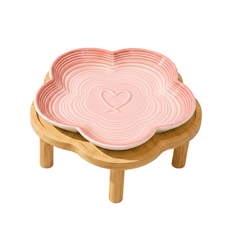 PawsPik Flower Ceramic Cat Feeding Plate with Raised Bamboo Stand, Elevated Whisker-Friendly Pet Bowl, Anti-Slip Stable Design, Dishwasher Safe (Pink)